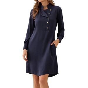 Tory Burch Navy Blue Silk Shirt Dress Gold Button Long Sleeve 14 Work Office